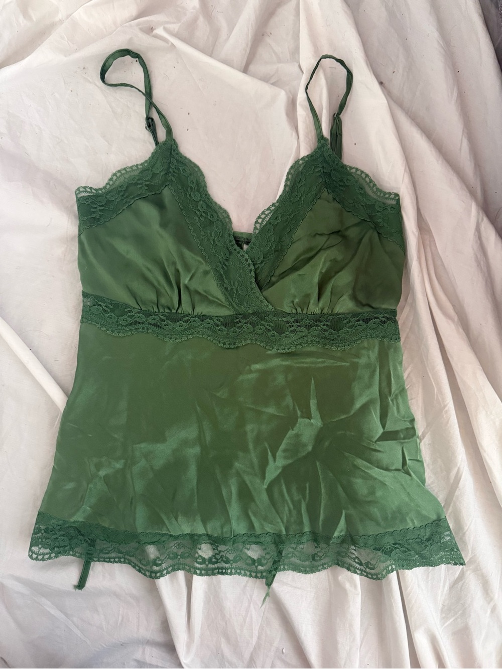 Vintage Y2K Imperial Kelly Green Lace & Satin Cami Top - Made in Italy - Size M